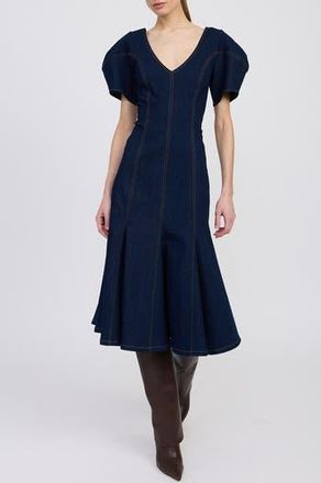 En Saison Seraphina Puff Sleeve Denim Midi Dress in Indigo at Nordstrom Rack, Size X-Small