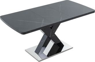 STILVORA Mesa De Comedor Extensible Rectangular Con Pata En X, Tablero Efecto M&aacute;rmol Negro, En Mdf Y Acero, Negro