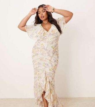 Asos Curve ASOS DESIGN Curve - Vestito lungo plissettato a fiori di glicine con manica con volant a mantella-Multicolore