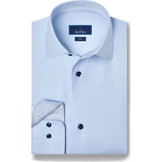 David Donahue Trim Fit Herringbone Contrast Cotton Dress Shirt in Sky at Nordstrom, Size 18.5