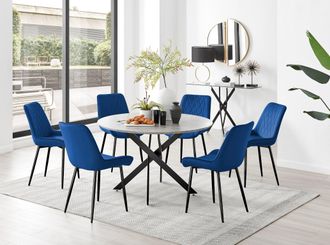 Furniturebox Novara Grey Concrete Effect Black Leg 120cm Round Dining Table & 6 Pesaro Black Leg Chairs in Navy