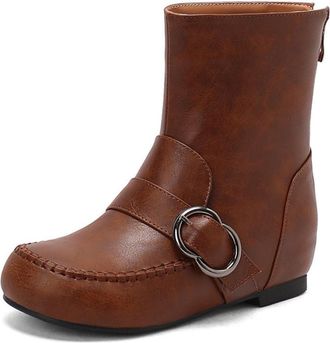 Generic Womens Round Toe Ankle Boots Metal Ring Buckle PU Leather Side Zipper Boots for Daily Casual Streetwear Office,Brown,3.5 UK