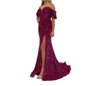 Sherri Hill Deep V Neck Sequin Prom Gown In Fuschia