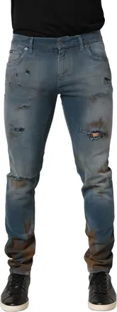 Dolce & Gabbana Mens Blue Distressed Mid Waist Skinny Denim Jeans Cotton Elastane Clothing