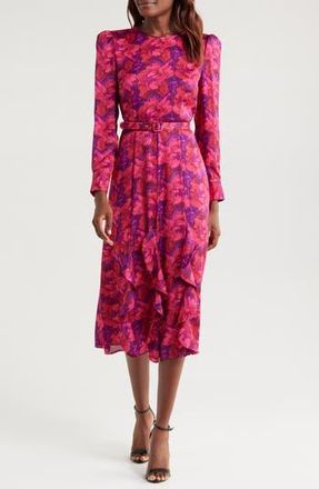 Tahari by ASL Floral Ruffle Detail Long Sleeve Midi Dress in Violet Rose at Nordstrom Rack, Size 12