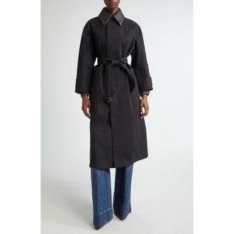 Bottega Veneta Intrecciato Leather Collar Water Repellent Trench Coat in 1000 Black at Nordstrom, Size 2 Us