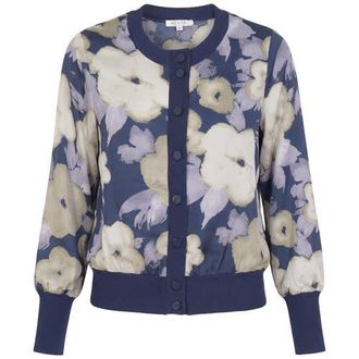 Vivid Painted Satin Long Sleeve Button Front Rib Trim Top in Navy Floral at Nordstrom, Size X-Small
