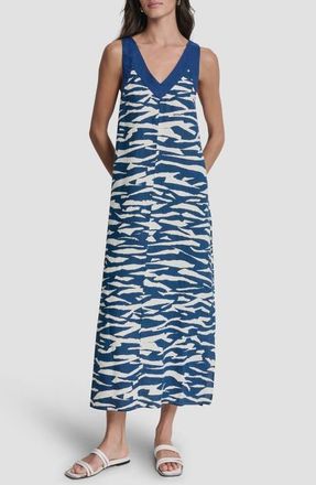 DKNY Print Colorblock Linen Midi Dress in Tidal Break/Admiral at Nordstrom, Size X-Small