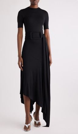 Alaia Belted Bias Cut Fluid Jersey Asymmetric Dress in Noir Alaia at Nordstrom, Size 42