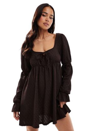 Miss Selfridge long sleeve milkmaid smock dress in chocolate-Brown