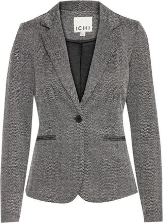 Ichi Elegante Jacquard Blazer Zwart/Wit Herringbone - Dames - Blazers - Grijs - L - Leer - Jassen