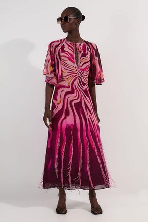 Karen Millen Womens Tall Animal Print Georgette Embellished Short Sleeve Woven Maxi Dress - Pink - Size 12 UK