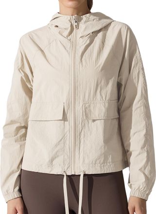 Feoya Womens Lightweight Waterproof Outdoor Jacket UPF 50+ Hooded Breathable Running Windbreaker with Pocket for Cycling Hiking Beige M