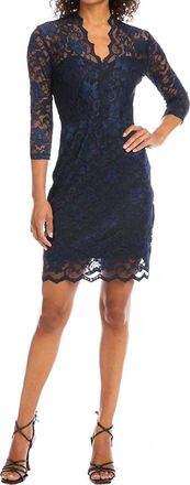 Karen Kane V-Neck Scallop Hem Lace Dress In Navy