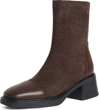 Generic Womens Suede and Faux Leather Ankle Boots Square Toe Chunky Block Heels Side Zipper Comfortable Non Slip Durable Shoes for Daily Casual Office Wear,Br