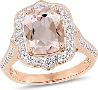 Amour Cushion-cut Morganite and 5/8 CT TW Diamond Halo Engagement Ring In 14K Rose Gold