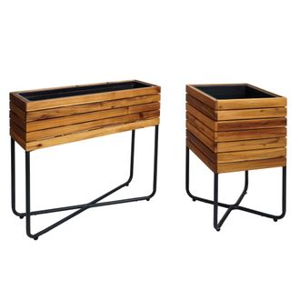 Hhg Nunca Usado] Lote De 2 Jardineras Hhg 586, Jardinera, Cuadrada Rectangular De Exterior De Acero Madera De Acacia Con Certificado Mvg, Marr&oacute;n