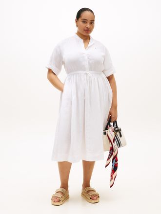 Tommy Hilfiger Midikleid TOMMY HILFIGER CURVE CRV LINEN MIDI SHIRT DRESS SS, Damen, Gr. 48, N-Gr, th optic wei&szlig;, Web, Obermaterial: 100% Leinen, bedruckt, relaxed fi