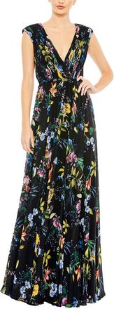 Mac Duggal Pleated Floral Cap Sleeve A Line Gown