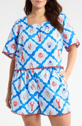 Sugarlips Lobster Bay Bell Sleeve Top in White Blue-Multi at Nordstrom, Size 3 X