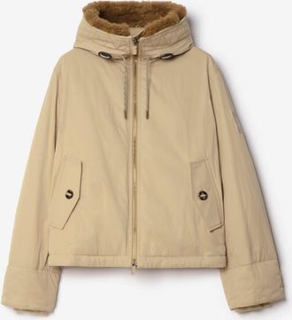 Burberry Shearling Trim Gabardine Hooded Jacket