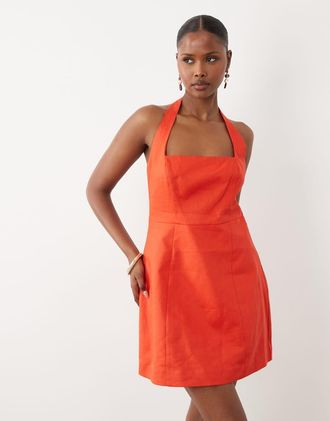 Forever New Vestito corto allacciato al collo in lino arancione