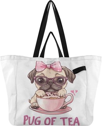 Generic Pink Bow Pug Cupcake print Reusable Canvas Tote Bag, Heavy Duty Grocery Shopping Bag with Hard Bottom Large Capacity Double Handles Work Groceries Tra