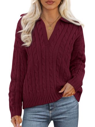 PrettyGarden Fall Cable Knit Sweaters for Women 2025 Long Sleeve Loose Chunky Polo V Neck Sweater Casual Pullover Jumper Tops, Burgundy, XL