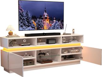 STILVORA Mueble Tv Con 10 Compartimentos Y Led, Puertas Brillantes Para Sal&oacute;n, En Mdf Y Vidrio, Blanco, 160 X 35 X 60 Cm