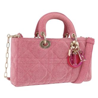 Dior Lady D-Joy Macrocannage Quilt Denim Pink Canvas Handbag (Pre-Owned)