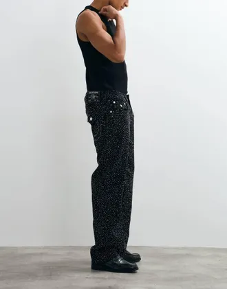 True Religion Bobby Big T - Jeans ampi neri con tasca con patta e cristalli-Nero