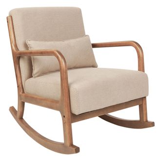 Beliani Silla Mecedora Retro Cl&aacute;sico Con Reposabrazos Y Coj&iacute;n Patas De Madera De Caucho Tela Beige Skovde