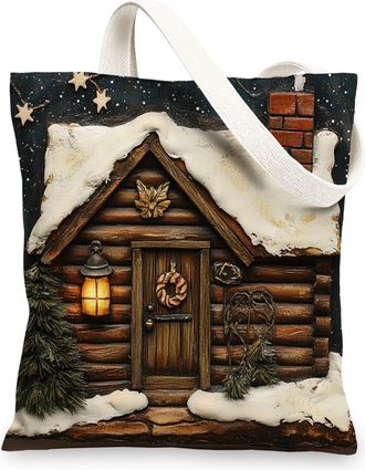 Generic Winter Farmhouse Christmas Canvas Tote Bag for Shopping 13x15, Woodland Lodge Cabin Xmas Reusable Grocery Print Bag for Women, Farm Holiday Beach Aest