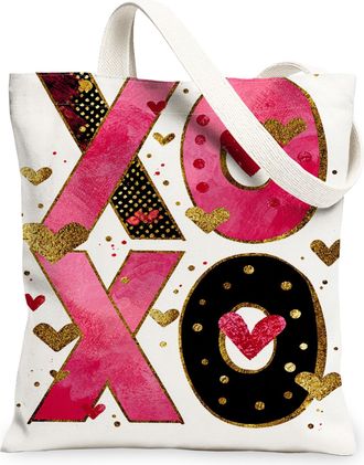 Generic ValentineS Day Hearts Canvas Tote Bags, Colorful Xoxo Pattern Reusable Grocery Bags, Lightweight Washable Shoulder Strap C, White, 13x15 Inch