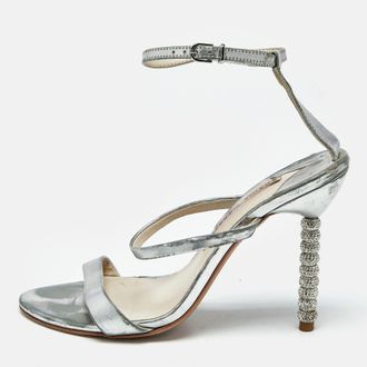 Sophia Webster Rose Silver Leather Rosalind Crystal Heel Ankle Strap Sandals