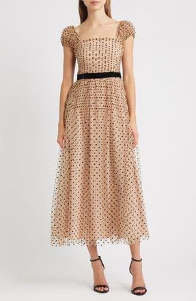 Lucy Paris Saison Flock Polka Dot Cocktail Dress in Beige Black at Nordstrom Rack, Size Medium