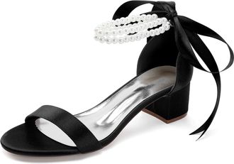 Generic Womens Low Open Toe Bridal Heels Chunky Heel Pearl Wedding Shoes Prom, Evening Party, Dress Pumps 4.5Cm,Black,10 UK