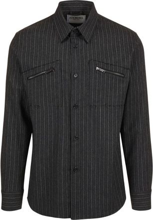 Iceberg Overhemden, Heren, Grijs, M, Wol, Donkergrijs regular fit overhemd in koele krijtstreep wol met gevormde zakken en logorits