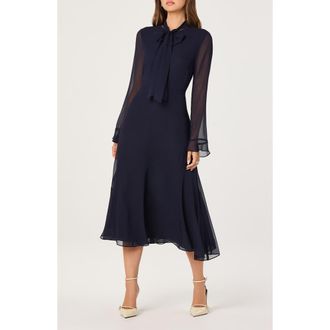 ASTR the Label Tie Neck Long Sleeve Dress in Navy at Nordstrom Rack, Size X-Small