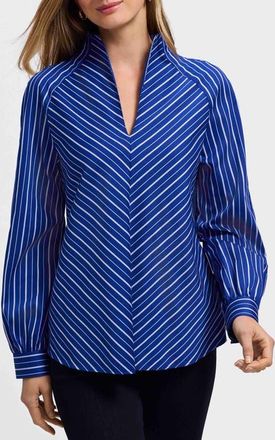 Foxcroft Daphne Stripe Stretch Cotton Blend Pullover Shirt in Blue/White at Nordstrom, Size X-Small