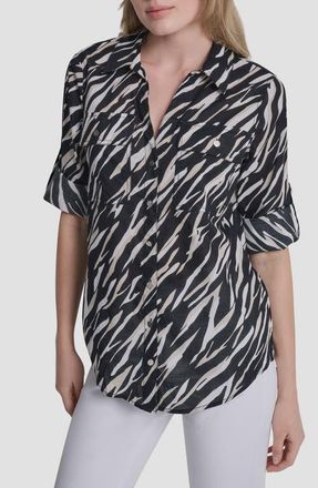 DKNY Printed Roll-Tab Cuff Cotton Button-Up Shirt in Concrete Animal at Nordstrom, Size X-Large