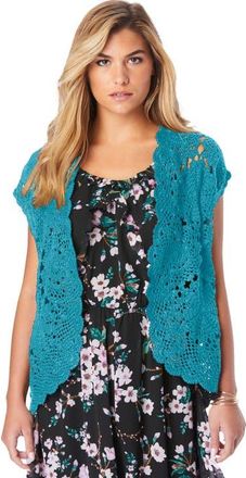 Roaman's Plus Size Scallop Trim Crochet Cardigan Sweater in Deep Turquoise at Nordstrom, Size 12