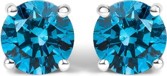 House of Brilliance 14K Gold Round Brilliant Cut Lab Grown Blue Diamond 4-Prong Classic Solitaire Stud Earrings with Pushbacks