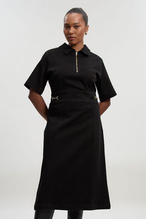 Karen Millen Womens Plus Size Stretch Denim Snaffle Trim Collared Midi Dress - Black Cotton - Size 18 UK
