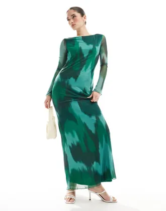 Vero Moda long sleeved mesh dress maxi in dark green abstract-Multi