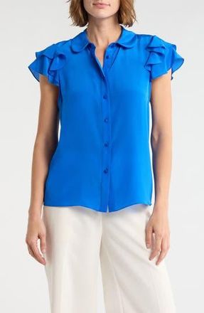 Alice & Olivia Ziggy Ruffle Cap Sleeve Silk Blend Top in Sapphire at Nordstrom Rack, Size X-Large