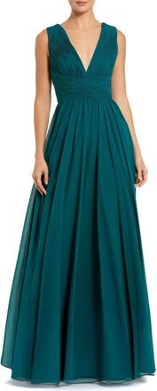 Mac Duggal Sleeveless Ruched V Neck Chiffon Gown in Teal at Nordstrom, Size 12