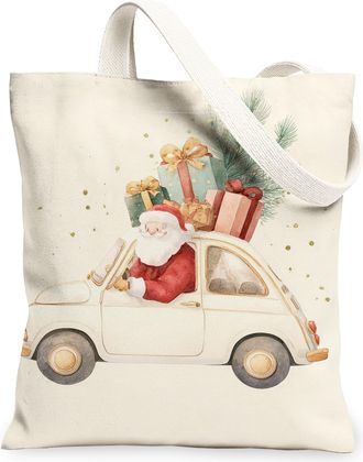 Generic Christmas Santa Canvas Tote Bags, Holiday Car Design Reusable Grocery Bags, Lightweight Washable Shoulder Strap Canvas for, Beige, 13x15 Inch