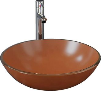 vidaXL Lavabo de baño grifo y desagüe de empuje vidrio templado marrón vidaXL