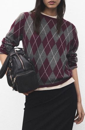 Mango Argyle Crewneck Sweater in Medium Heather Grey at Nordstrom, Size X-Small